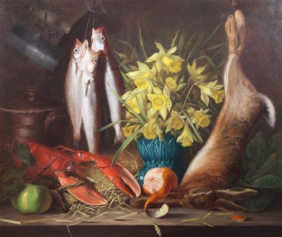 Emily P. Harding (19th C.) Still lifes of fish, game, flowers and vegetables 24.5 x 30in.